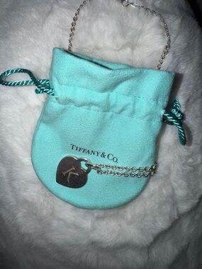 Tiffany & Co. Silver Heart Tag “K” letter Necklace with Turquoise Pouch